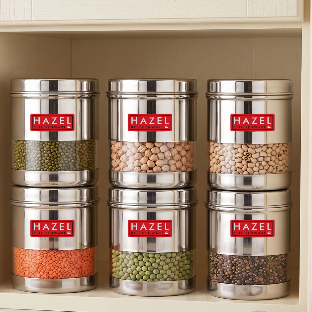 HAZEL Stainless Steel Transparent Wide Mouth See Through Container, Silver, Set of 6, 700 Ml