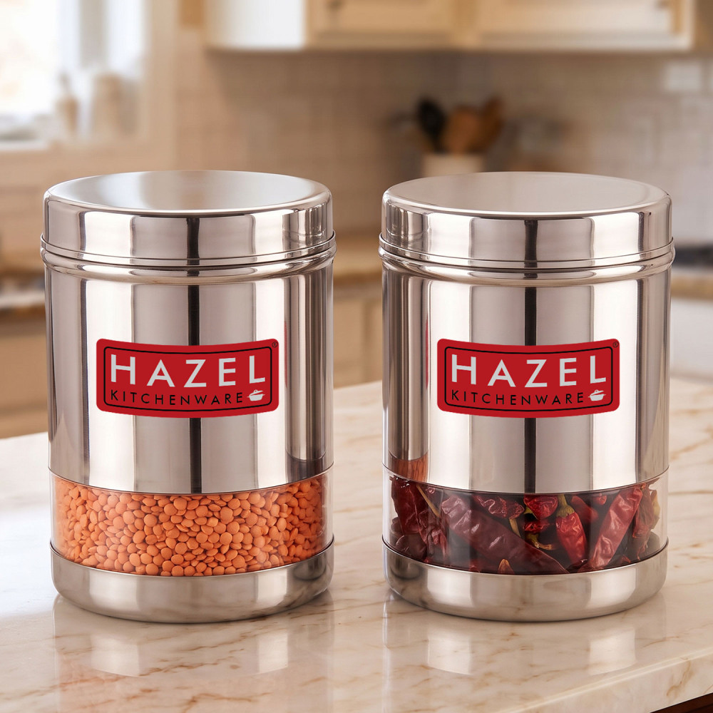 HAZEL Stainless Steel Transparent Wide Mouth See Through Container, Silver, Set of 2, 950 Ml