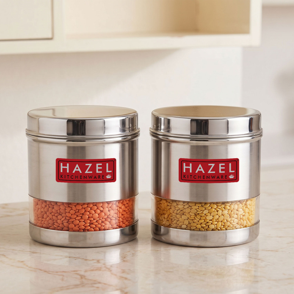 HAZEL Stainless Steel Transparent Wide Mouth See Through Container, Silver, Set of 2, 1100 Ml