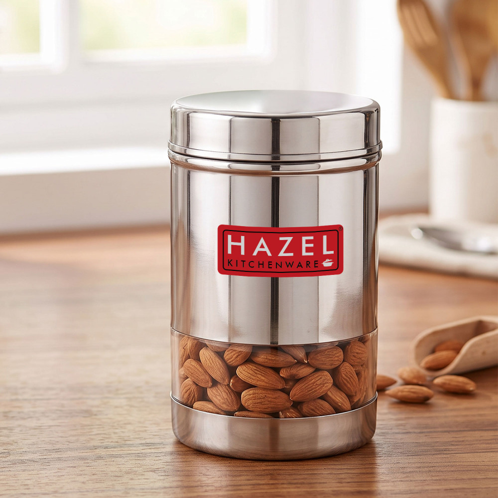 HAZEL Stainless Steel Transparent Wide Mouth See Through Container, Silver, 1 PC, 600 Ml