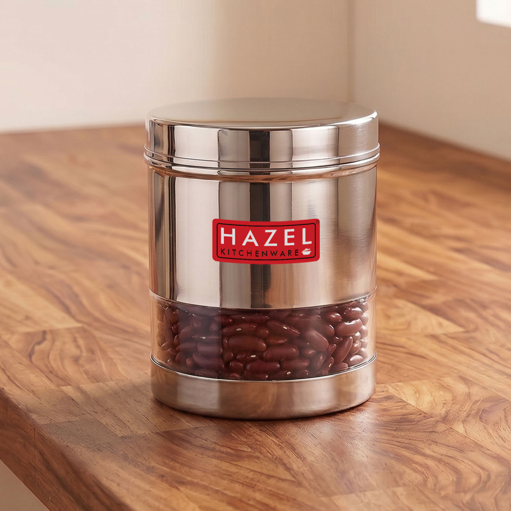 HAZEL Stainless Steel Transparent Wide Mouth See Through Container, Silver, 1 PC, 700 Ml