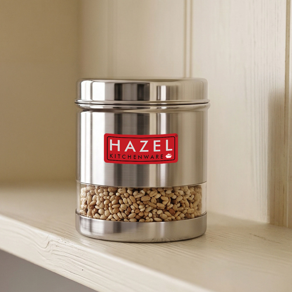 HAZEL Stainless Steel Transparent Wide Mouth See Through Container, Silver, 1 PC, 1100 Ml