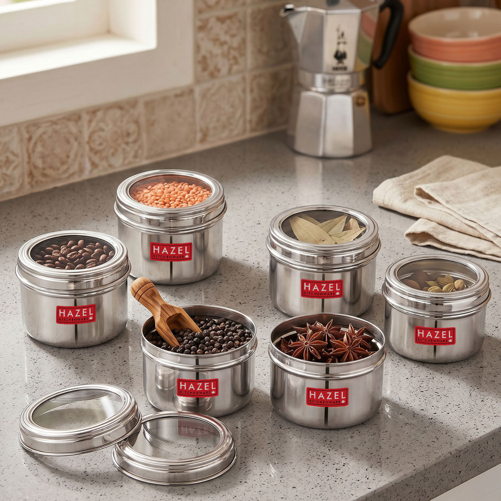 HAZEL Masala Box for Kitchen with Airtight Lid | Stainless Steel Top See Through Storage Containers for Kitchen Air tight, 500 ML, Set of 6