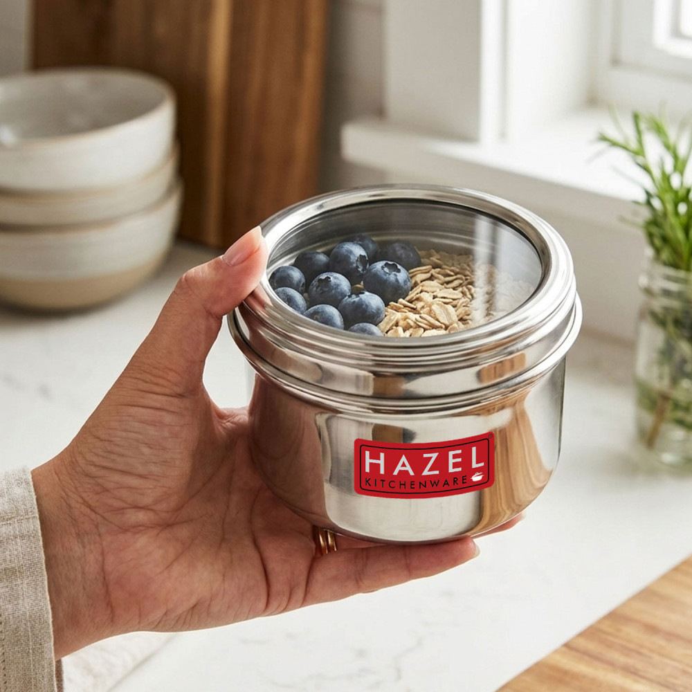 HAZEL Masala Box for Kitchen with Airtight Lid | Stainless Steel Top See Through Storage Containers for Kitchen Air tight, 500 ML