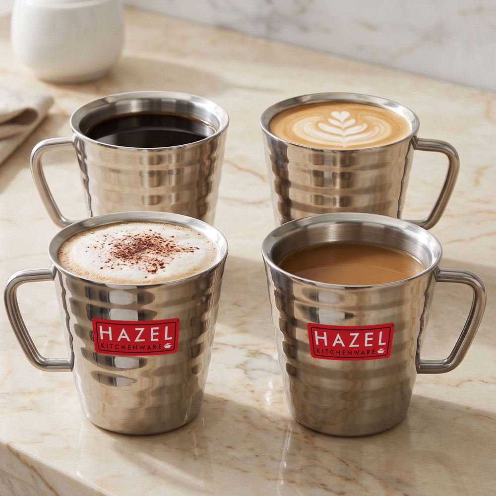 HAZEL Stainless Steel Green Tea Coffee Big Classic Mug, Set of 4, 300 ml (Each)
