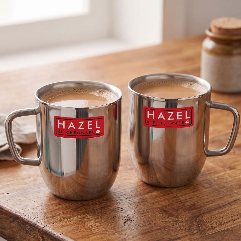 HAZEL Stainless Steel Green Tea Coffee Big Cute Plain Mug, Set of 2, 300 ml (Each)