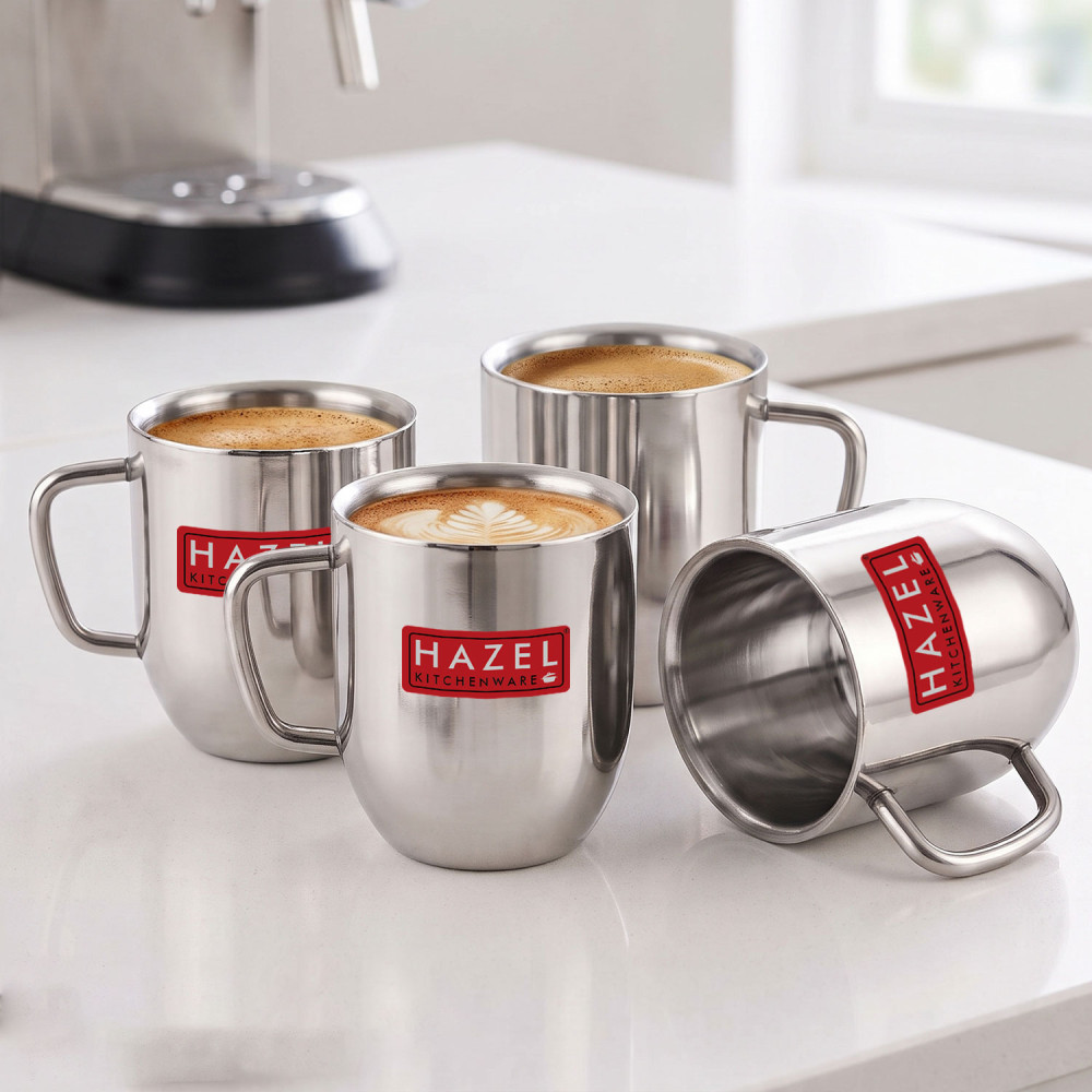 HAZEL Stainless Steel Green Tea Coffee Big Cute Plain Mug, Set of 4, 300 ml (Each)