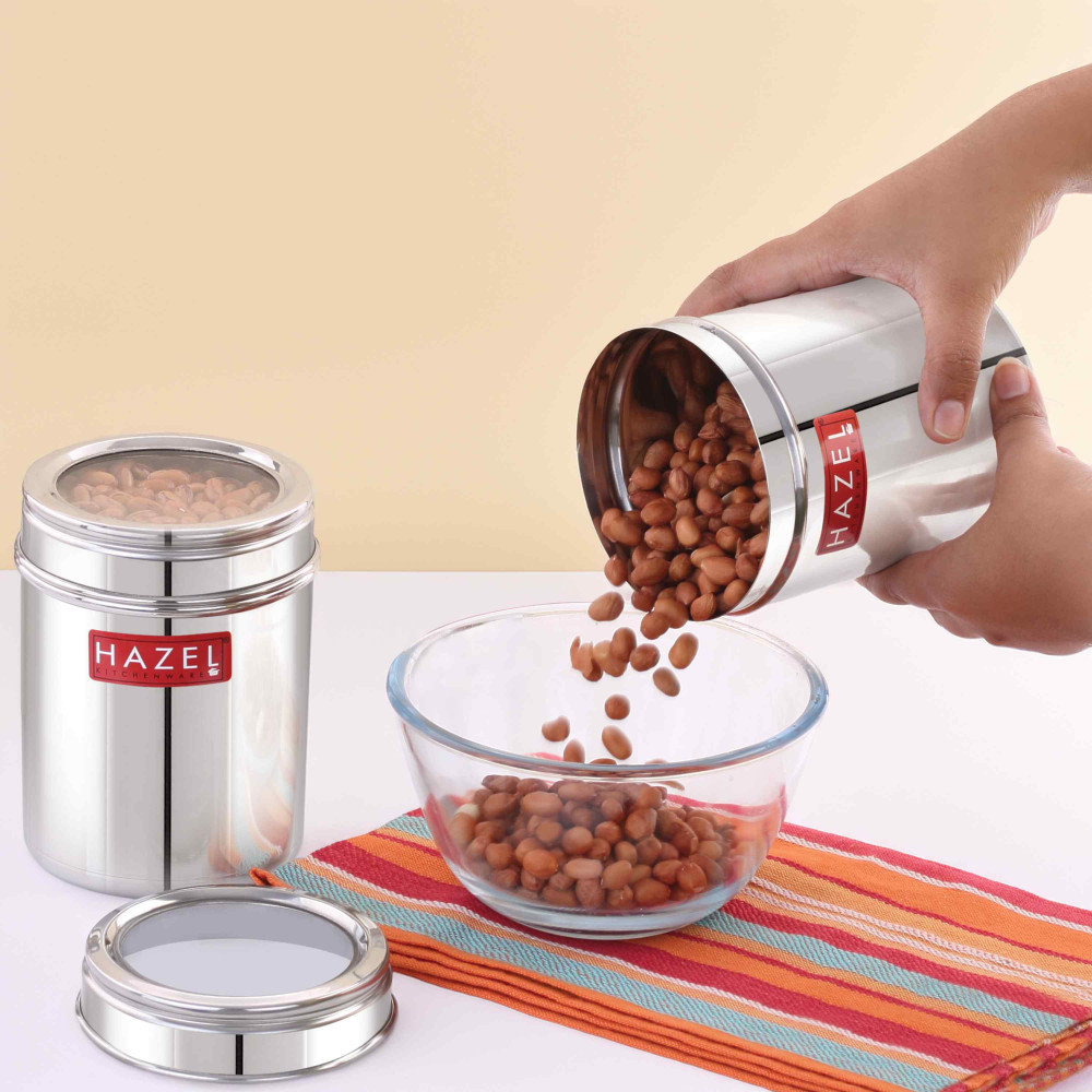 HAZEL Stainless Steel Kitchen Container with Transparent Lid | Top See Through Kitchen Container Set with Matt Finish | Multipurpose Container for Kitchen Storage, 800 ML, Set of 2