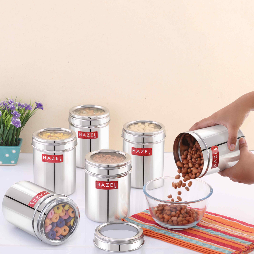 HAZEL Stainless Steel Kitchen Container with Transparent Lid | Top See Through Kitchen Container Set with Matt Finish | Multipurpose Container for Kitchen Storage, 800 ML, Set of 6