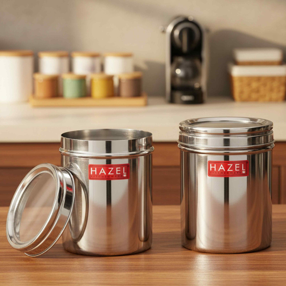 HAZEL Stainless Steel Kitchen Container with Transparent Lid | Top See Through Kitchen Container Set with Matt Finish | Multipurpose Container for Kitchen Storage, 1100 ML, Set of 2