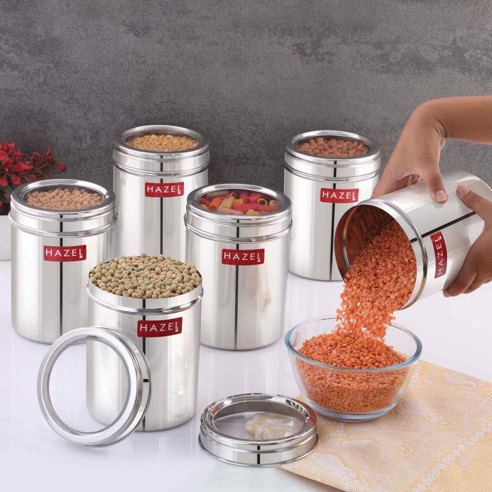 HAZEL Stainless Steel Kitchen Container with Transparent Lid | Top See Through Kitchen Container Set with Matt Finish | Multipurpose Container for Kitchen Storage, 1600 ML, Set of 6