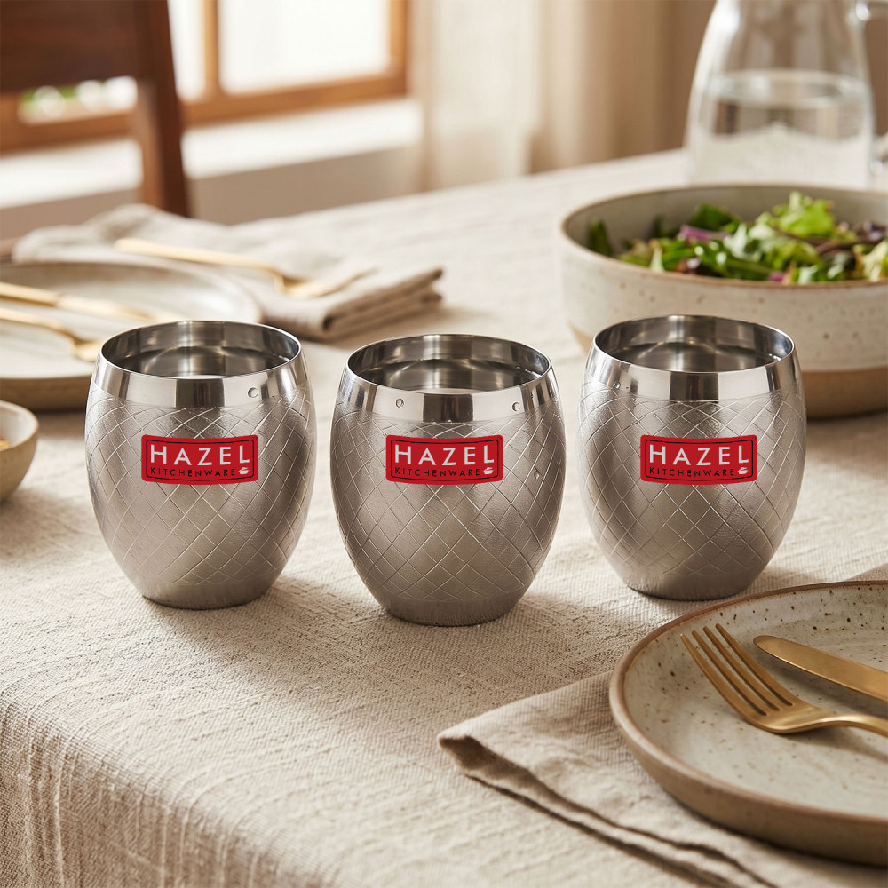 HAZEL Matt Finish Designer Stainless Steel Drinking Glasses 260 ml Set of 3 Pcs, Silver