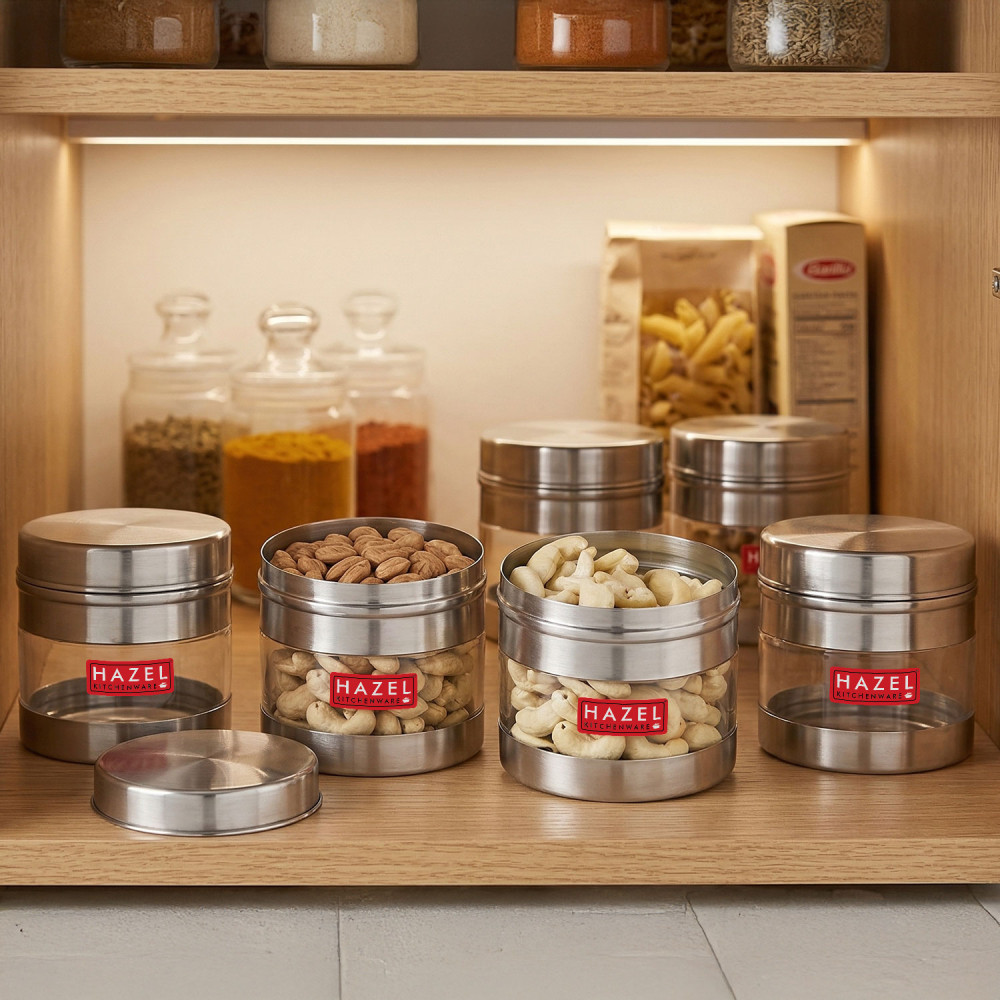 HAZEL Stainless Steel Transparent See Through Container Set of 6, Silver, 350 ML Each