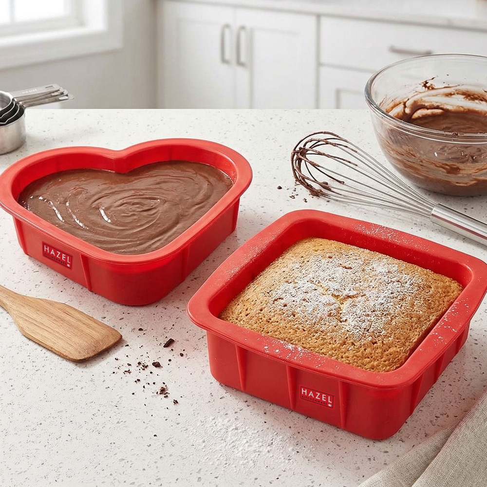 HAZEL Small Silicon Square and Heart Shape Cake Mould for Half Kg, 2 Pcs, Red