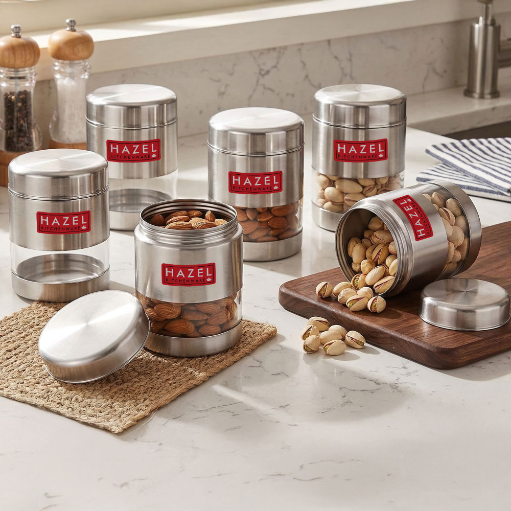 HAZEL Stainless Steel Transparent Matt Finish See Through Container, Silver,Set of 6, 400 ML