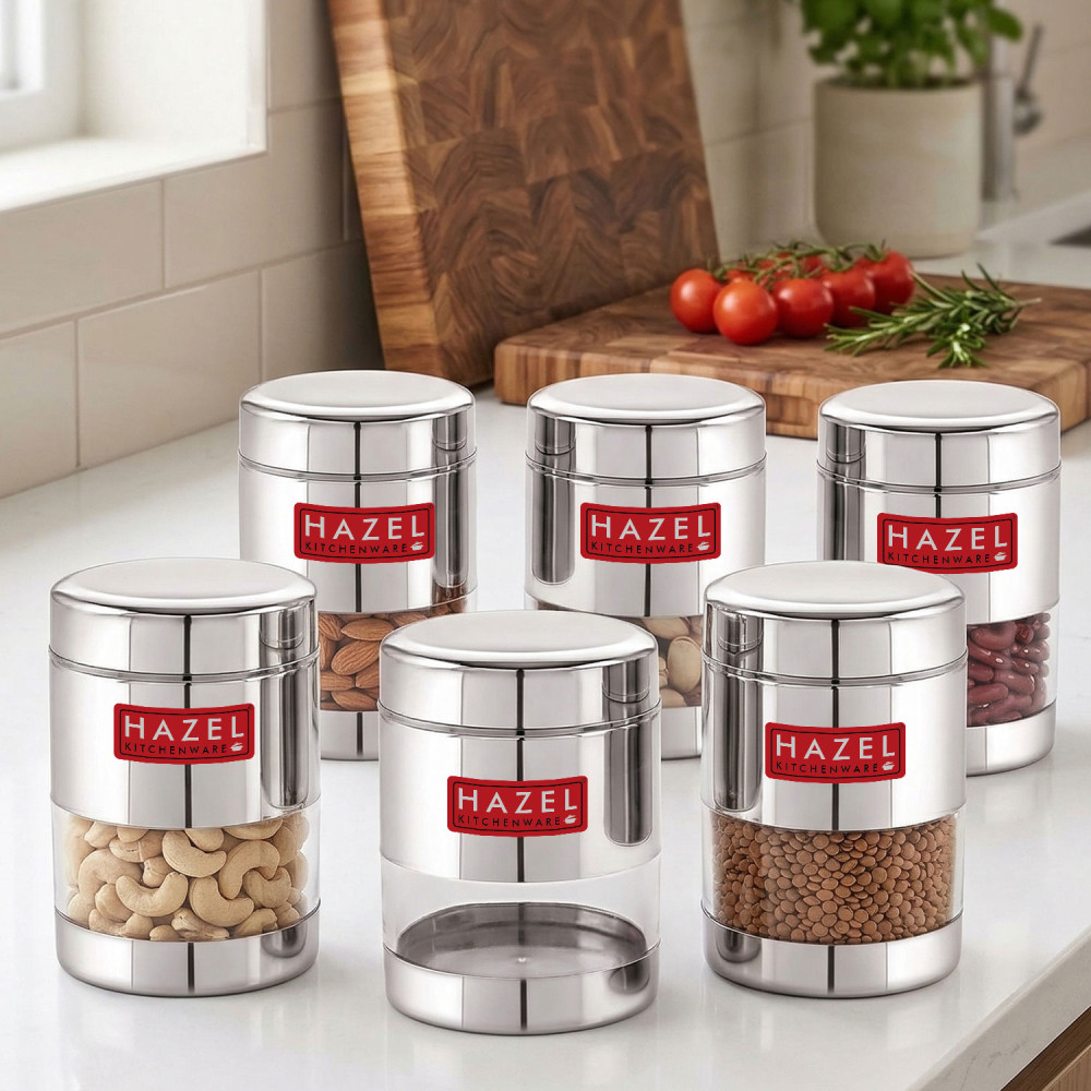 HAZEL Stainless Steel Transparent Glossy See Through Container, Silver, Set of 6, 400 ML