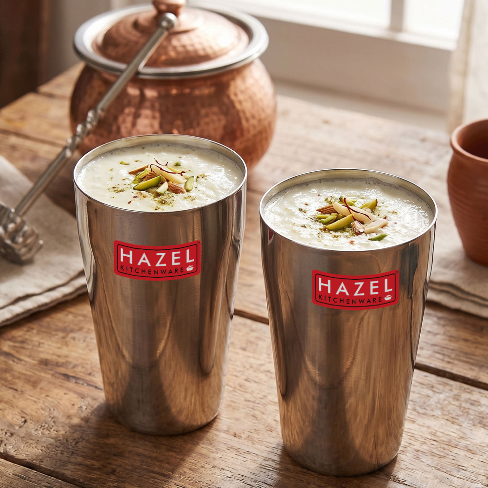 HAZEL Stainless Steel Plain Traditional Jumbo Water Lassi Glass Set of 2, 750 ML Each