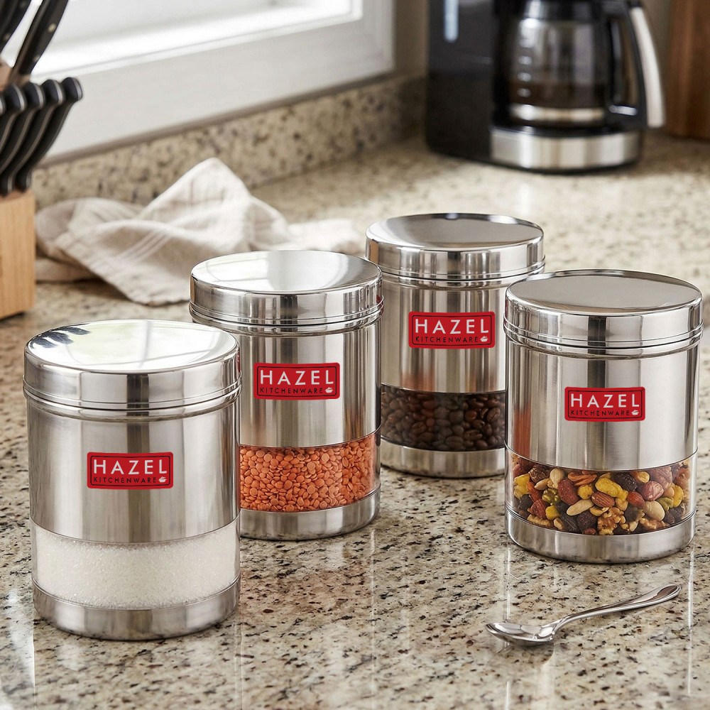 HAZEL Stainless Steel Transparent Wide Mouth See Through Container, Silver, Set of 4, 700 Ml