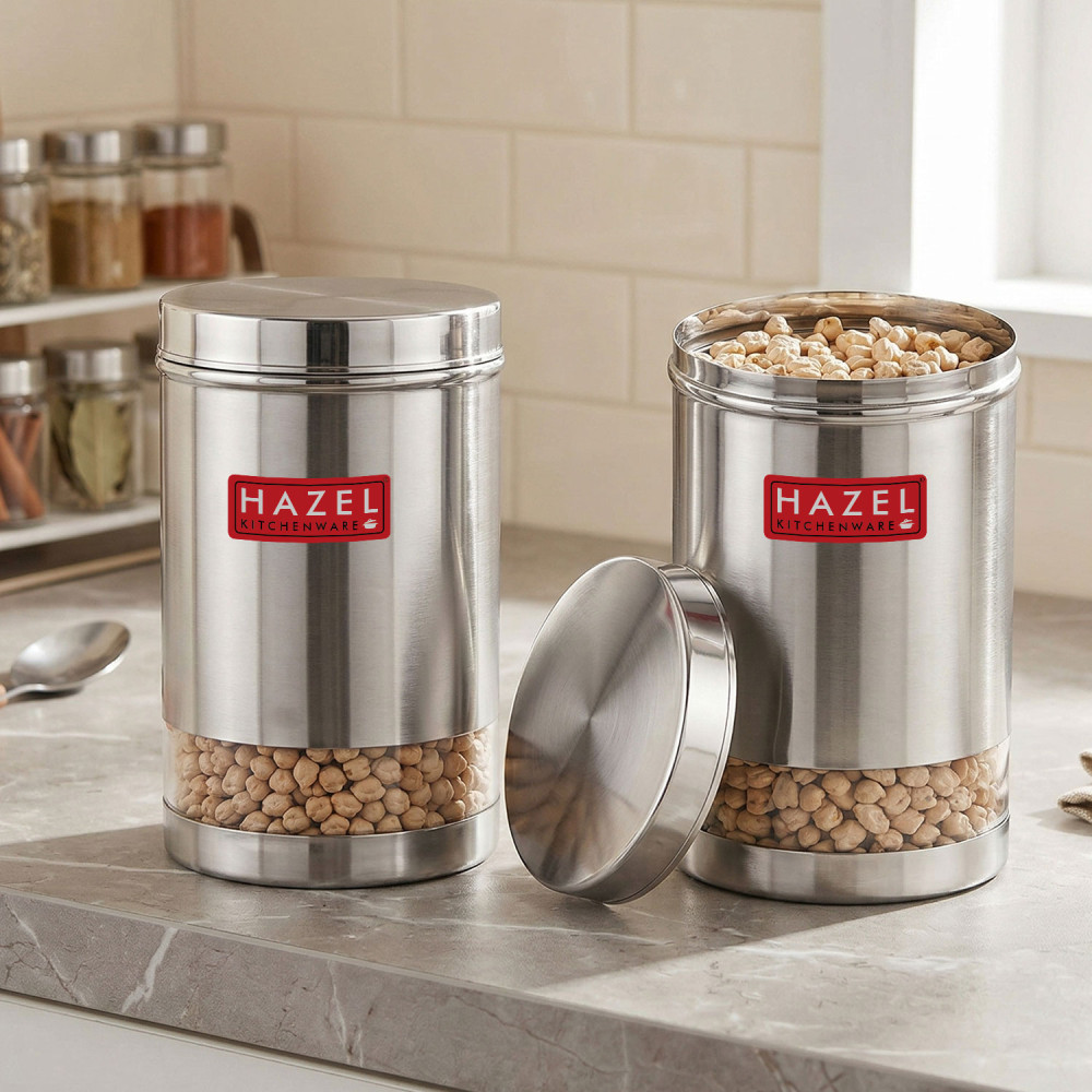 HAZEL Stainless Steel Transparent Glossy Finish See Through Container, Silver, Set of 2, 1700 Ml
