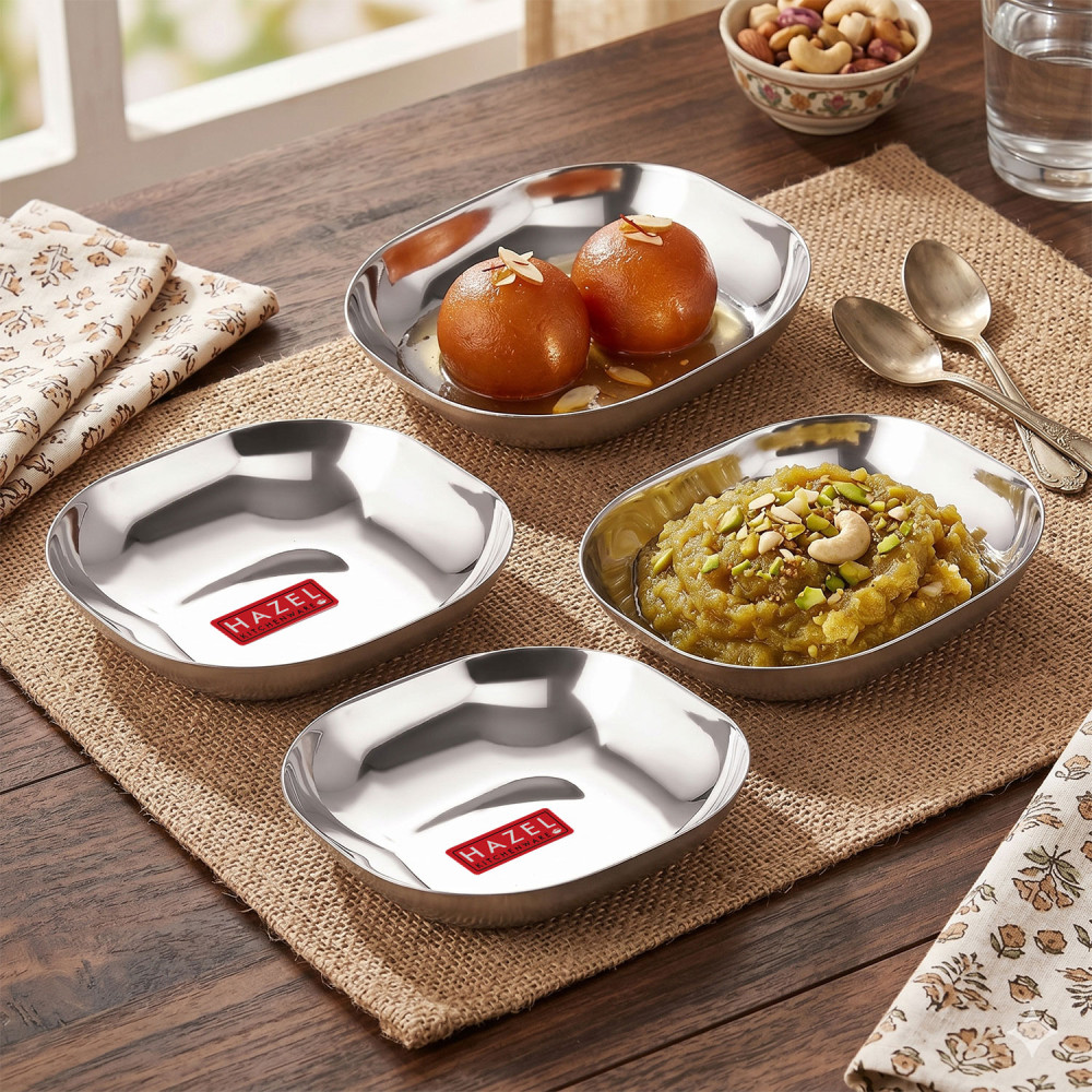 HAZEL Steel Dessert Silver Plate |Square Shaped Steel Plate for Snacks, Breakfast | Stainless Steel Katori Set Of 4 | 400 ml each, Silver