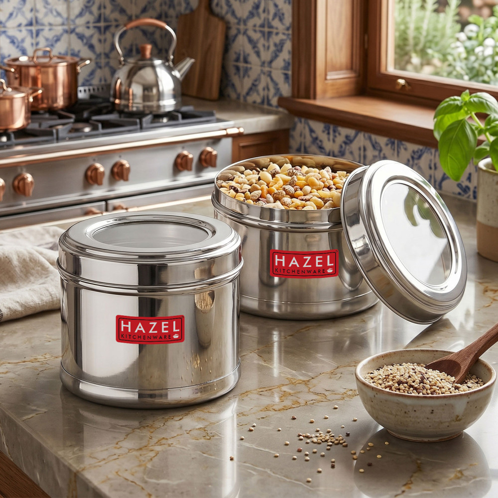 HAZEL Stainless Steel Containers for Kitchen | Top See Through Stainless Steel Airtight Masala Box for Kitchen Storage with Airtight Lid, 750 ML, Set of 2