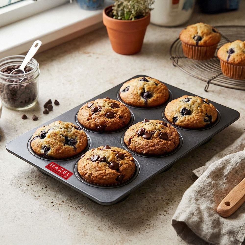 HAZEL Aluminium Non-Stick Coating Muffin Tray & Cup cake - 6 Cavity
