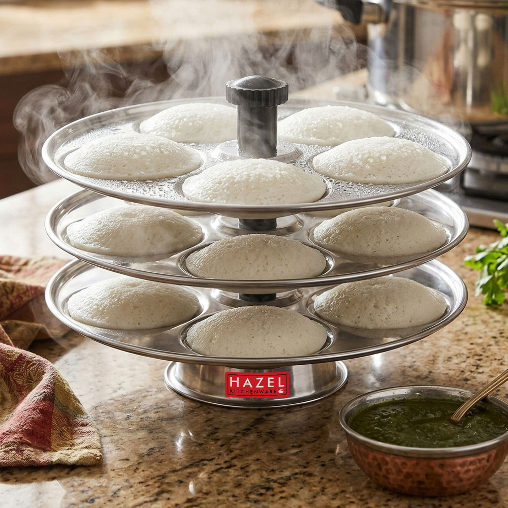 Hazel Stainless Steel Medium Idli Plate with Stand, 3-Rack Plates, 15 Idlis