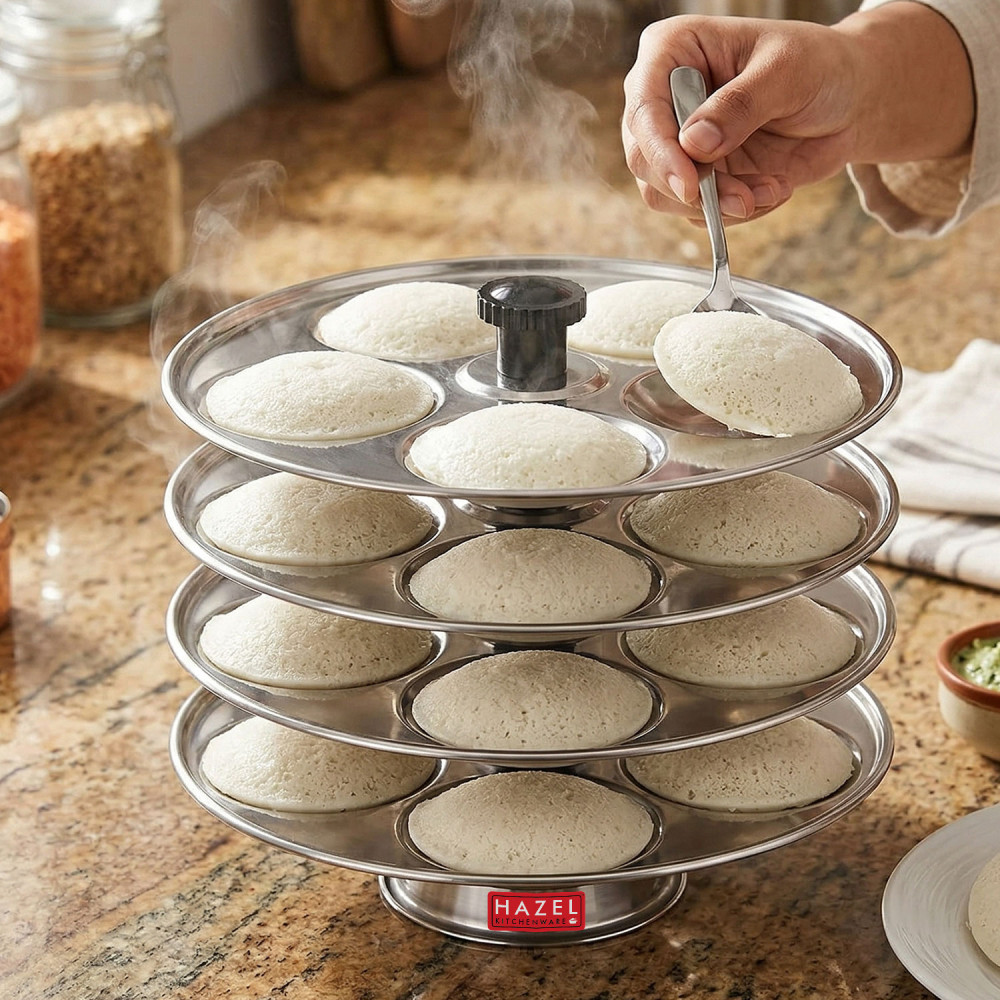 Hazel Stainless Steel Medium Idli Plate with Stand, 4-Rack Plates, 20 Idlis