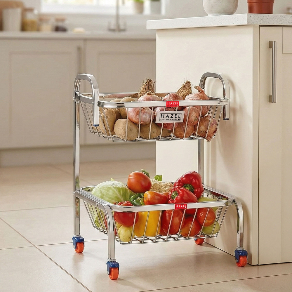 HAZEL Stainless Steel Fruit Vegetable Basket Kitchen Storage Trolley Rack Multi Shelves Stand with Wheel, 2 Layer, 18.2 Inches Height