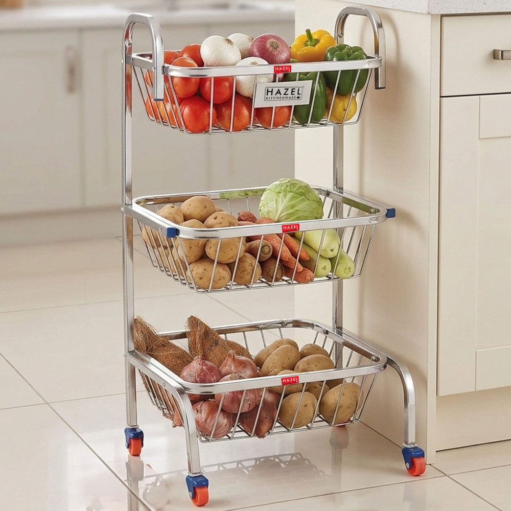 HAZEL Stainless Steel Fruit Vegetable Basket Kitchen Storage Trolley Rack Multi Shelves Stand with Wheel, 3 Layer, 26 Inches Height