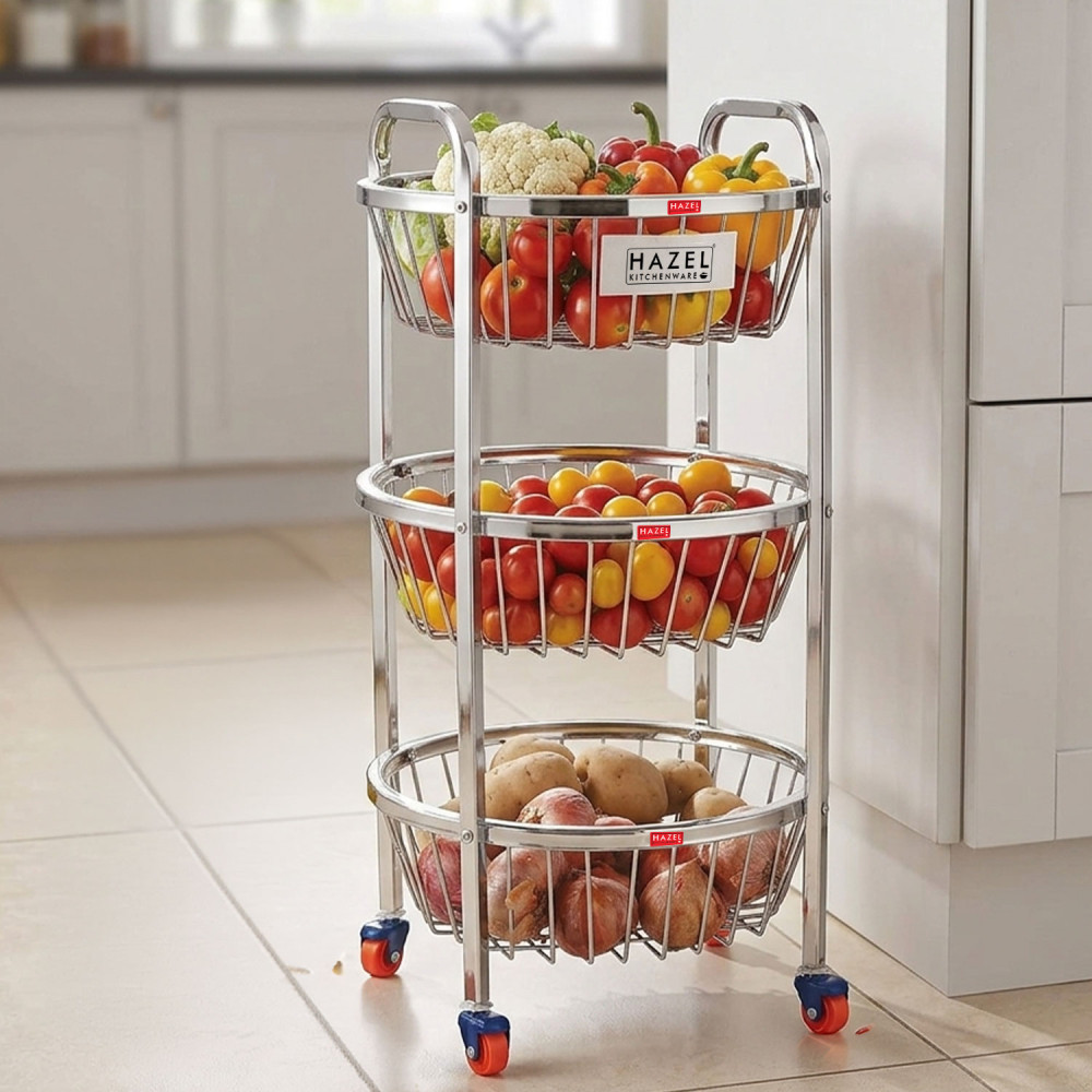 HAZEL Stainless Steel Fruit Vegetable Basket Kitchen Storage Trolley Rack Round Stand with Wheel, 3 Layer, 14.2 x 24.4 Inches