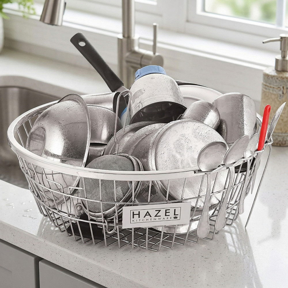 HAZEL Stainless Steel Dish Drainer Bowl Bartan Basket Utensil Drying Rack Round Medium Stand for Kitchen