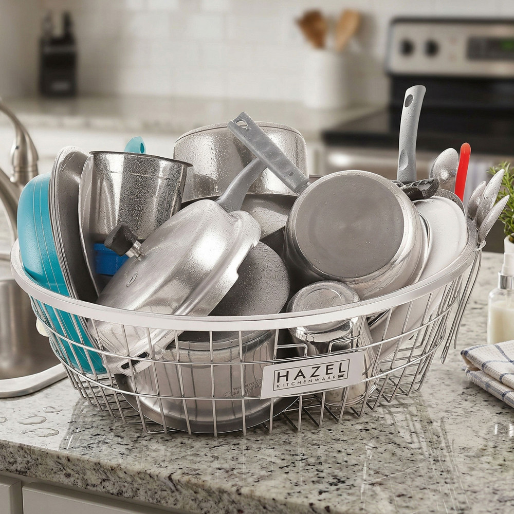 HAZEL Stainless Steel Dish Drainer Bowl Bartan Basket Utensil Drying Rack Round Large Stand for Kitchen