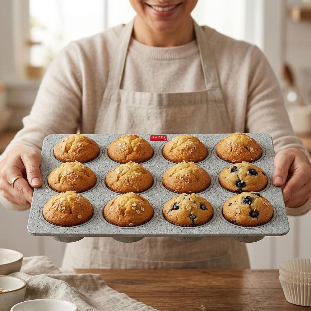 HAZEL Aluminium Cupcake Muffin Mould Microwave Safe 12 Cups Non Stick Granite Finish Mini Crown Muffin Pan Chocolate Baking Tray for House and Bakery, Grey