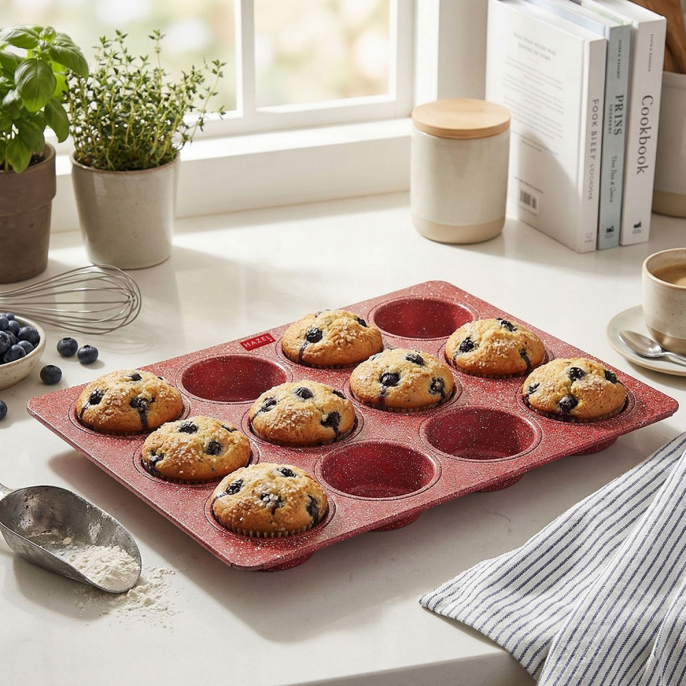 HAZEL Aluminium Cupcake Muffin Mould Microwave Safe 12 Cups Non Stick Granite Finish Muffin Pan Chocolate Baking Tray for House and Bakery, Red