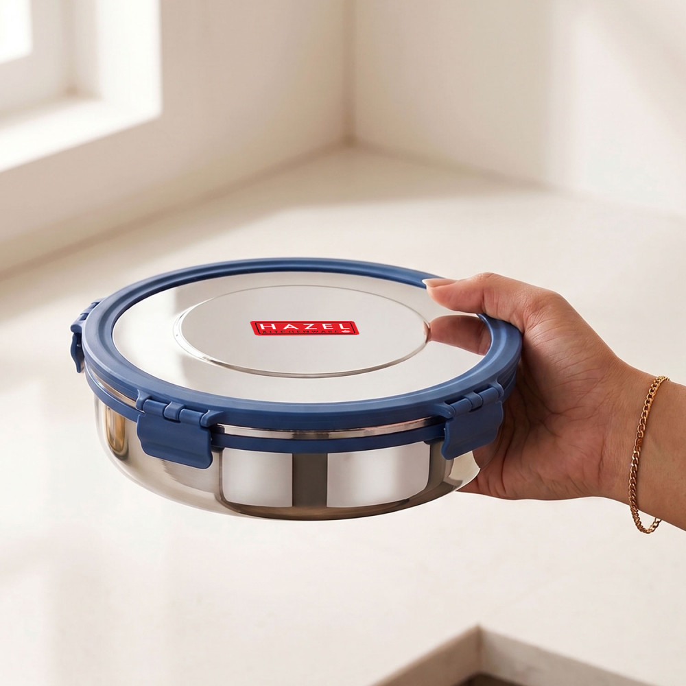 HAZEL Hercules Stainless Steel Flat Khakra & Papad Storage Container, 1850 Ml, Airtight Dabba, Silver