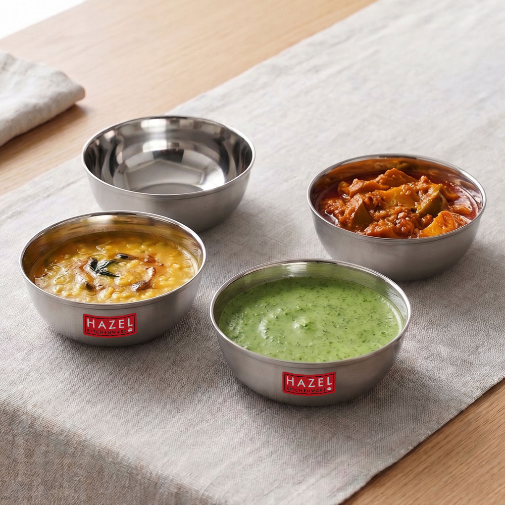 HAZEL Stainless Steel Bowl Vati | Steel Bowl Set For Kitchen | Dinner Bowl Katori Serving Wati, 270 ML, Set of 4