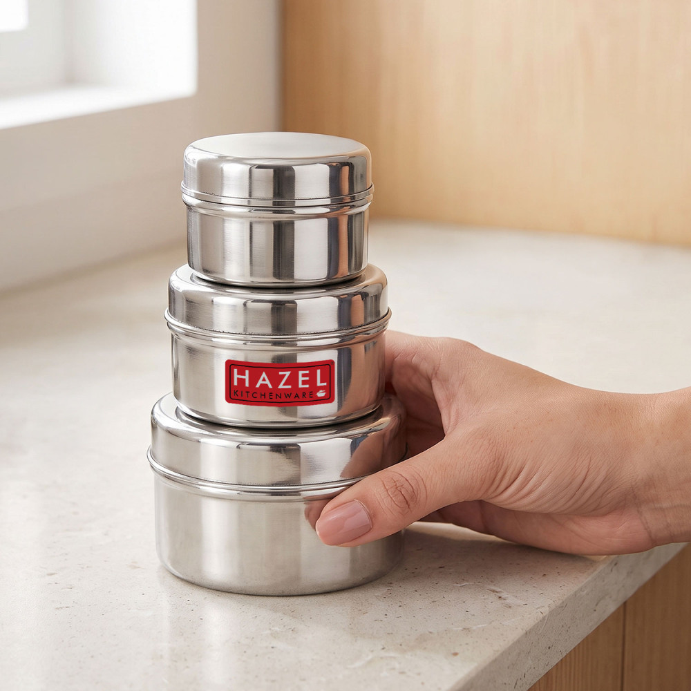 HAZEL Stainless Steel Kitchen Containers Set of 3 with Glossy Finish & Airtight Lid