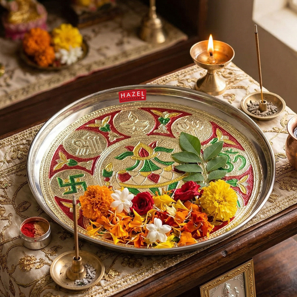 HAZEL Steel Shubh Labh Designer Puja Thali, 22.5 cm