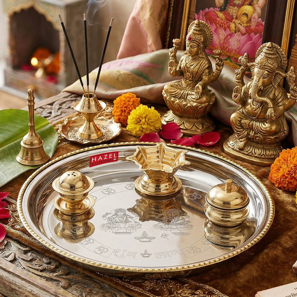 HAZEL Stainless Steel Puja Pooja Aarti Thali Set With Diva 22 cm, Silver