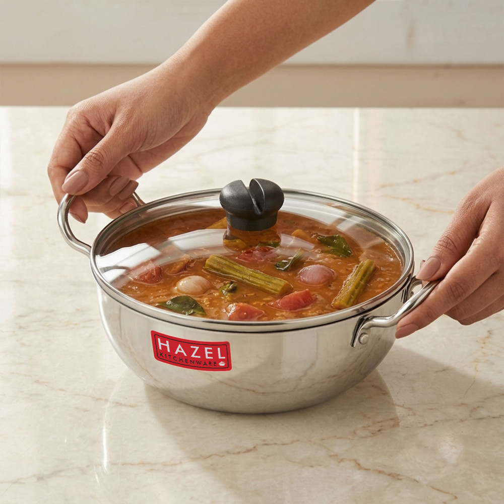HAZEL 4 mm Aluminium Kadhai Kadai with Glass Lid | Vessels for Cooking Deep Frying Kadai, 3500 ML