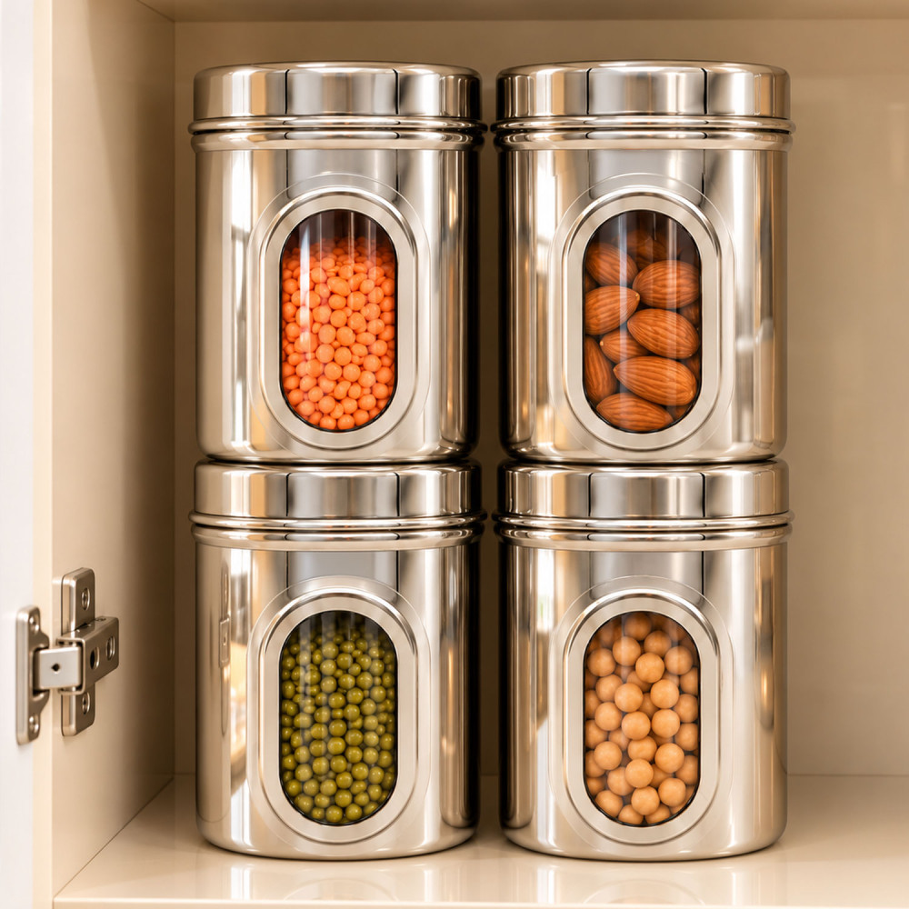 HAZEL Steel Kitchen Storage Containers | Tranparent Air Tight Containers for Storage, 1000 ML, Set of 4