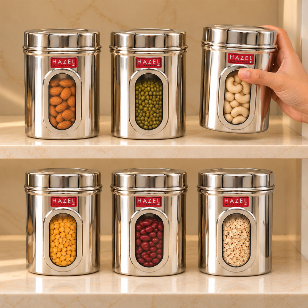 HAZEL Steel Kitchen Storage Containers | Tranparent Air Tight Containers for Storage, 1000 ML, Set of 6