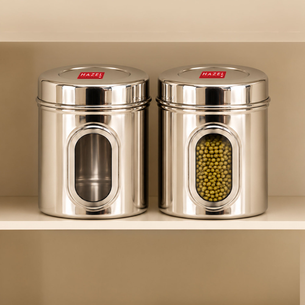 HAZEL Steel Container for Kitchen Storage | Transparent Kitchen Storage Containers, 1400 ML, Set of 2