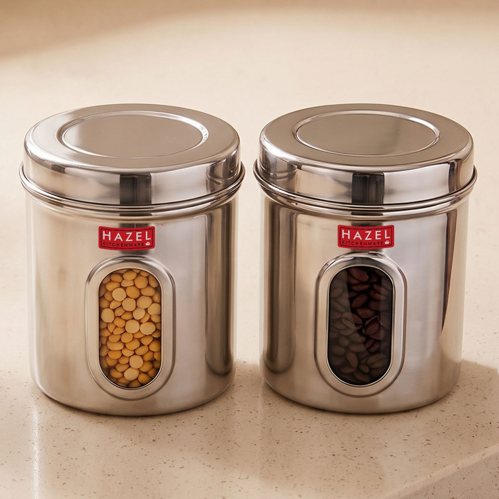 HAZEL Stainless Steel Transparent Kitchen Storage Containers with Air Tight Lid, 1700 ML, Set of 2