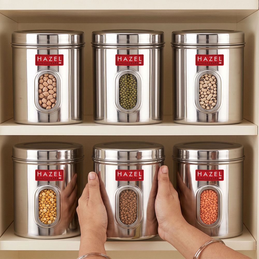 HAZEL Steel Kitchen Storage Containers | See Through Air Tight Containers for Storage, 2850 ML, Set of 6