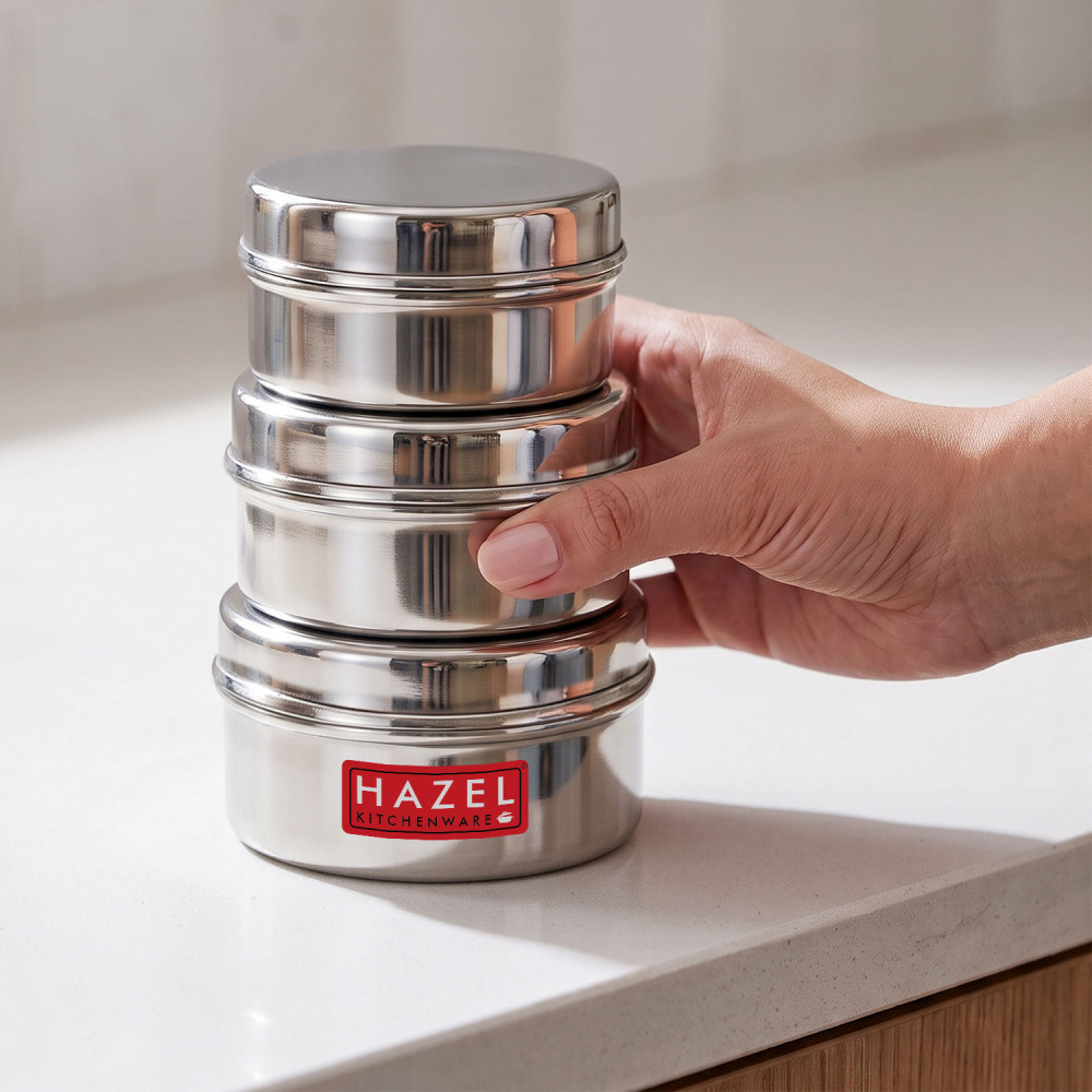 HAZEL Stainless Steel Mini Containers Heavy Gauge Premium Airtight Dabbi Dabba Set of 3, Silver