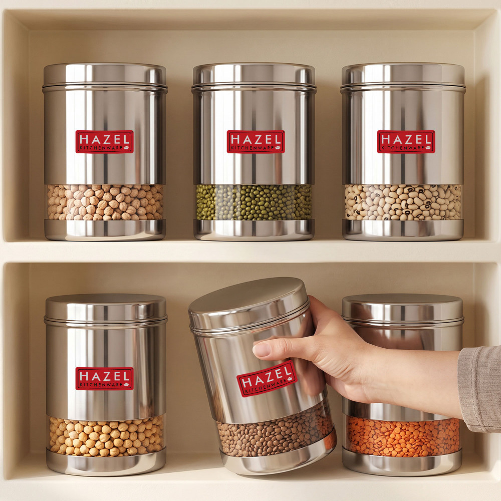 HAZEL Stainless Steel Transparent Wide Mouth See Through Container, Silver, Set of 6, 1350 Ml