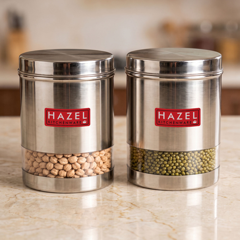 HAZEL Stainless Steel Transparent Wide Mouth See Through Container, Silver, Set of 2, 1350 Ml