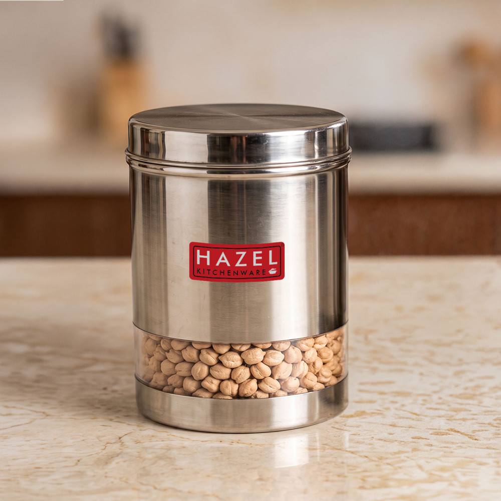 HAZEL Stainless Steel Transparent Wide Mouth See Through Container, Silver, 1 PC, 1350 Ml